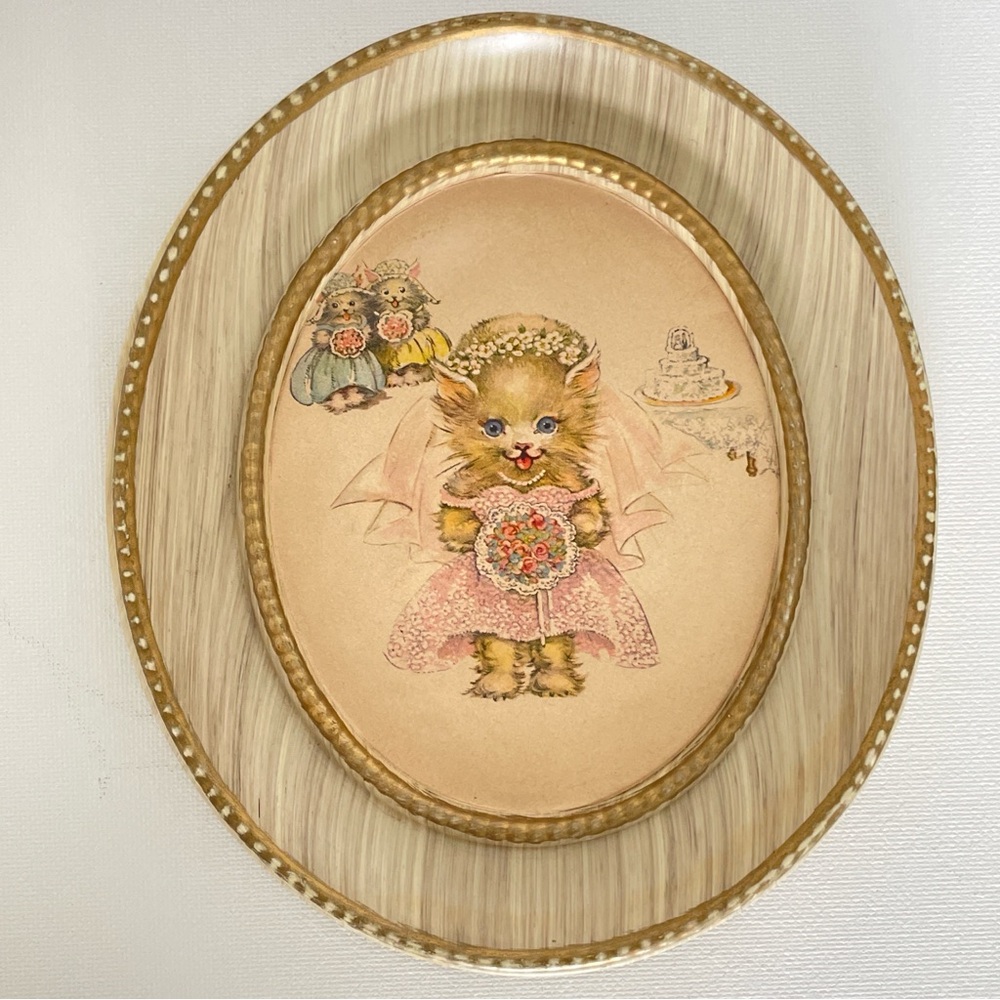 Vintage Cat Bride Wall Plaque + Schmid White Kitten Figurine Cottagecore Set - Picture 3 of 16